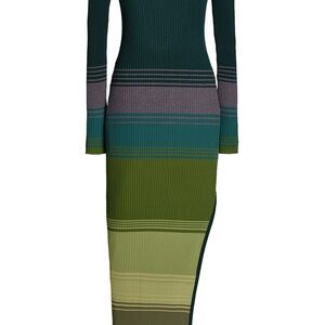 STAUD Ribbed Striped Long Sleeve Midi Dress in Green